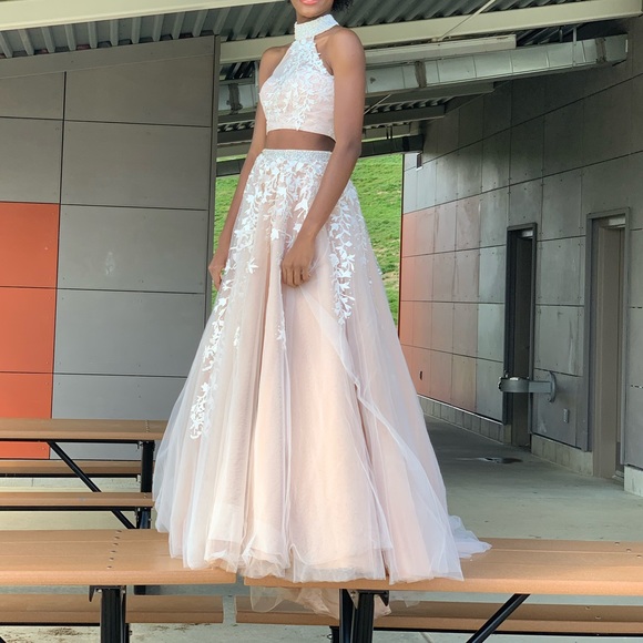 SHERRI HILL Pink Two Piece Prom Dress with Flores decals, pearls and full skirt - Picture 3 of 5